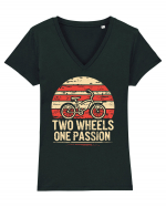 Two Wheels One Passion Retro Bicycle Distressed Sunset Tricou mânecă scurtă guler V Damă Evoker