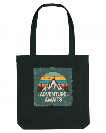 Adventure Awaits Retro Sunset Distressed Poster Style Black