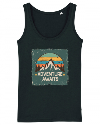 Adventure Awaits Retro Sunset Distressed Poster Style Black