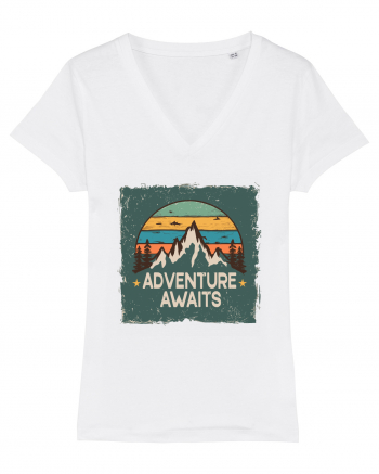 Adventure Awaits Retro Sunset Distressed Poster Style White