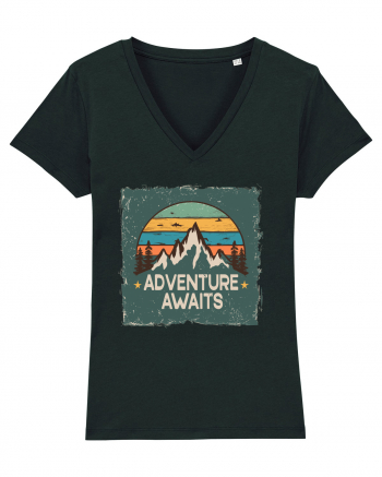 Adventure Awaits Retro Sunset Distressed Poster Style Black