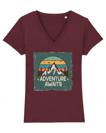 Adventure Awaits Retro Sunset Distressed Poster Style Burgundy