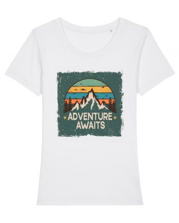 Adventure Awaits Retro Sunset Distressed Poster Style White