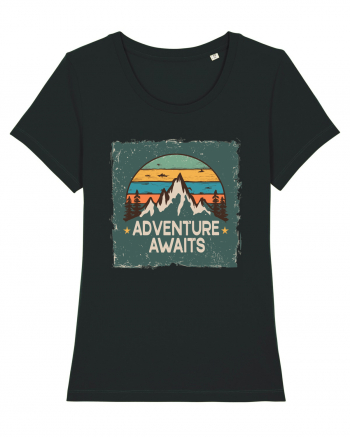 Adventure Awaits Retro Sunset Distressed Poster Style Black