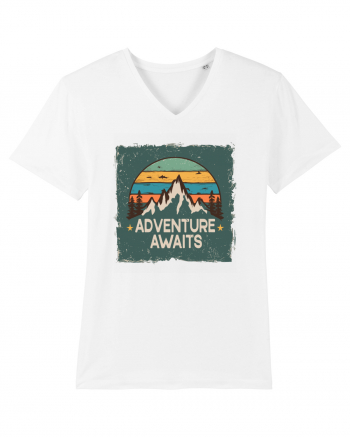 Adventure Awaits Retro Sunset Distressed Poster Style White