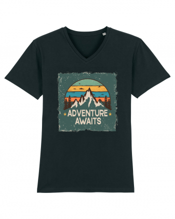 Adventure Awaits Retro Sunset Distressed Poster Style Black