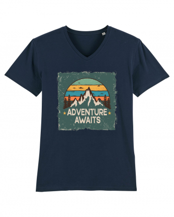 Adventure Awaits Retro Sunset Distressed Poster Style French Navy