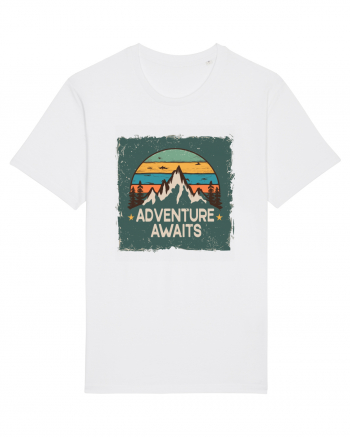 Adventure Awaits Retro Sunset Distressed Poster Style White