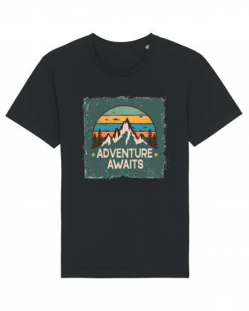 Adventure Awaits Retro Sunset Distressed Poster Style Black