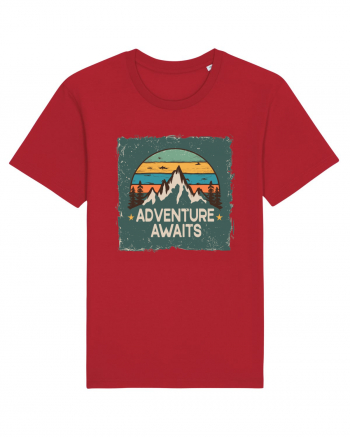 Adventure Awaits Retro Sunset Distressed Poster Style Red