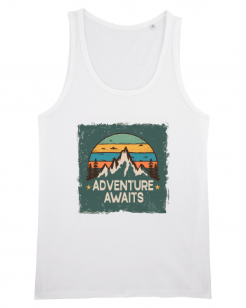 Adventure Awaits Retro Sunset Distressed Poster Style White