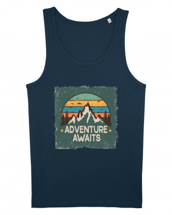 Adventure Awaits Retro Sunset Distressed Poster Style Navy