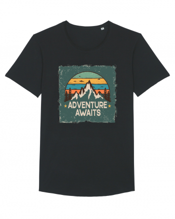 Adventure Awaits Retro Sunset Distressed Poster Style Black