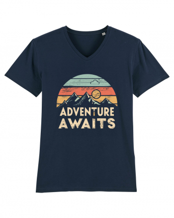 Adventure Awaits Retro Sunset Distressed French Navy