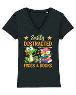 Easily Distracted By Frogs & Books Tricou mânecă scurtă guler V Damă Evoker