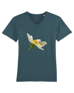 Floare si fluture alb Tricou mânecă scurtă guler V Bărbat Presenter