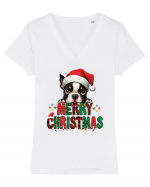 cu urări de Crăciun si cățel Boston Terrier Tricou mânecă scurtă guler V Damă Evoker