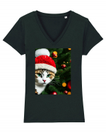 Cat in Christmas tree Tricou mânecă scurtă guler V Damă Evoker