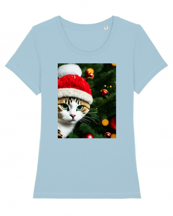 Cat in Christmas tree Sky Blue