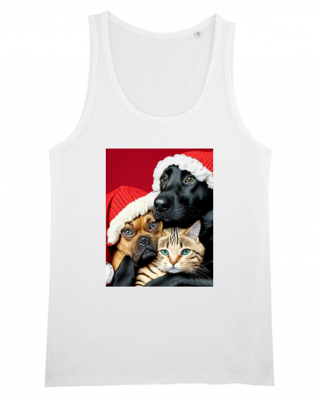 Dogs and cat in Christmas spirit  White