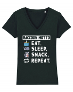 Raccoon motto, Eat Sleep Snack Repeat Tricou mânecă scurtă guler V Damă Evoker