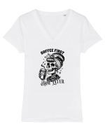 Moda rebelă pt mame moderne - Coffee first mom later Tricou mânecă scurtă guler V Damă Evoker