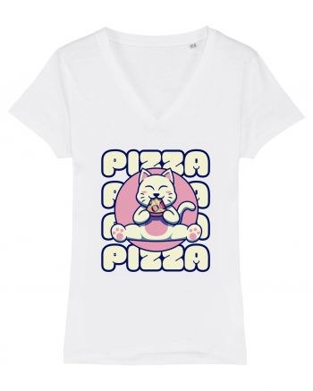 Cute kawaii cat eating pizza White