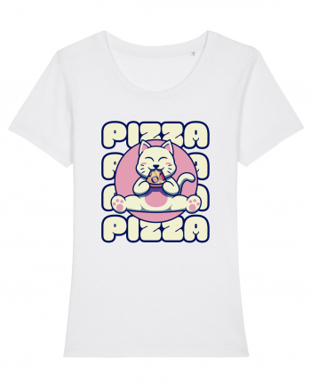 Cute kawaii cat eating pizza White