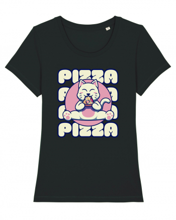 Cute kawaii cat eating pizza Black