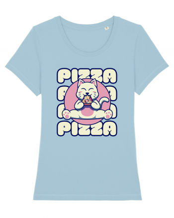 Cute kawaii cat eating pizza Sky Blue