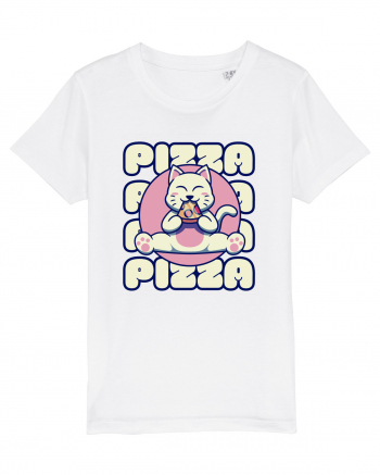 Cute kawaii cat eating pizza White