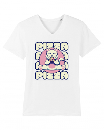 Cute kawaii cat eating pizza White