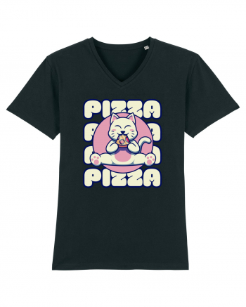 Cute kawaii cat eating pizza Black