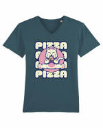 Cute kawaii cat eating pizza Tricou mânecă scurtă guler V Bărbat Presenter