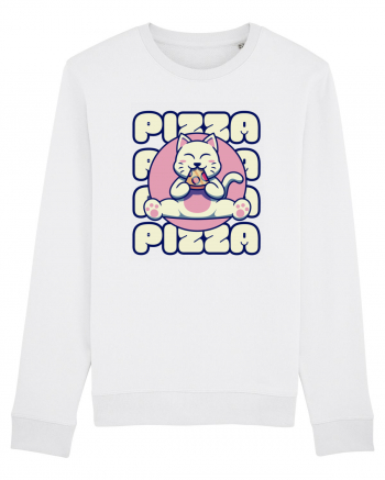 Cute kawaii cat eating pizza White