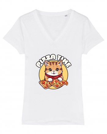 Cute kawaii cat eating pizza White