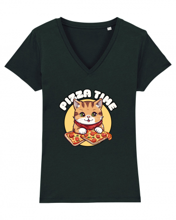 Cute kawaii cat eating pizza Black