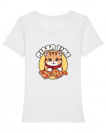 Cute kawaii cat eating pizza White