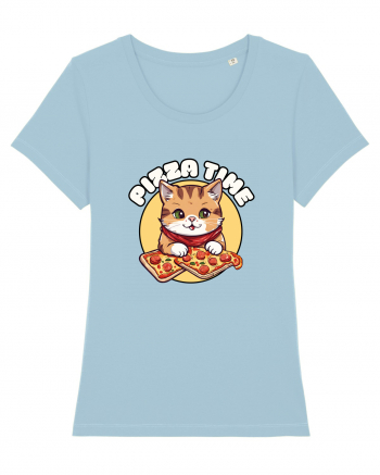 Cute kawaii cat eating pizza Sky Blue