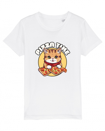 Cute kawaii cat eating pizza White