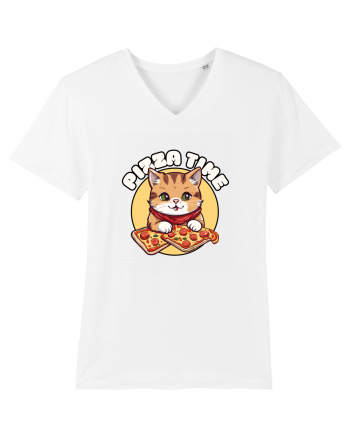 Cute kawaii cat eating pizza White