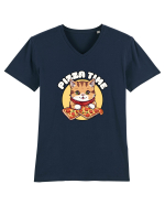 Cute kawaii cat eating pizza Tricou mânecă scurtă guler V Bărbat Presenter