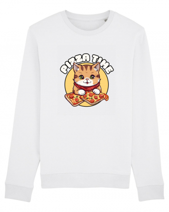 Cute kawaii cat eating pizza White