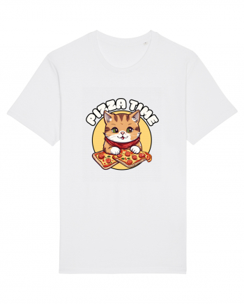 Cute kawaii cat eating pizza White