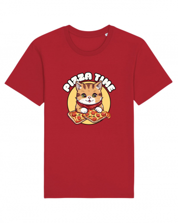 Cute kawaii cat eating pizza Red