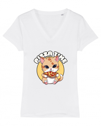 Cute kawaii cat eating pizza White