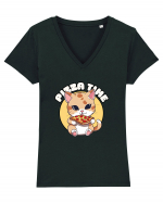 Cute kawaii cat eating pizza Tricou mânecă scurtă guler V Damă Evoker