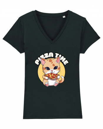 Cute kawaii cat eating pizza Black