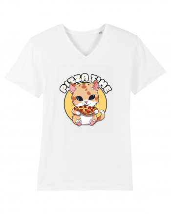 Cute kawaii cat eating pizza White