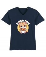 Cute kawaii cat eating pizza Tricou mânecă scurtă guler V Bărbat Presenter